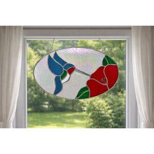 Vintage Hummingbird Flower Oval Stained Glass Sun Catcher Window Decor 15.5”x10”